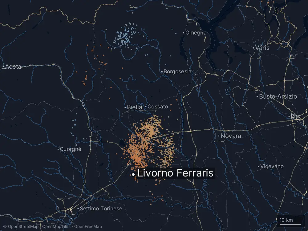 Karte der Blitze bei Livorno Ferraris am Dienstag, 23. Juni 2026