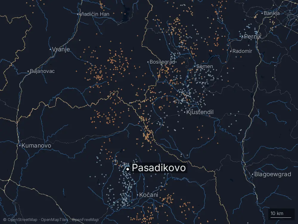 Karte der Blitze bei Pasadikovo am Dienstag, 23. Juni 2026