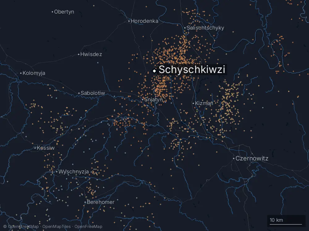 Karte der Blitze bei Schyschkiwzi am Dienstag, 23. Juni 2026