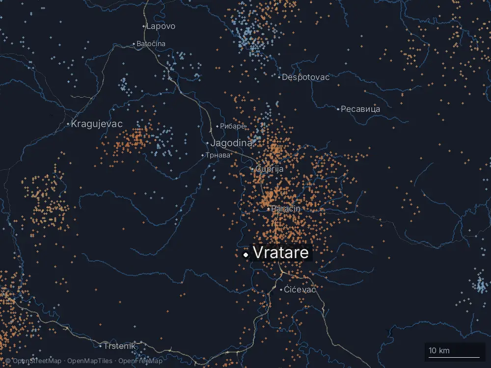 Karte der Blitze bei Vratare am Dienstag, 23. Juni 2026