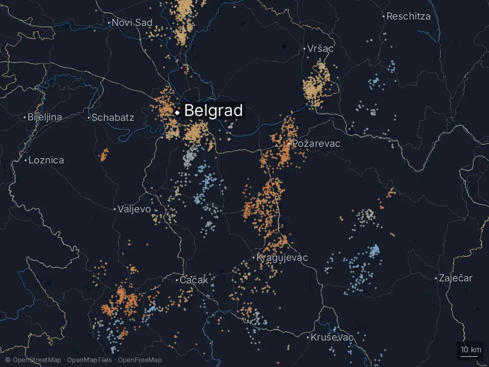 Karte der Blitze bei Belgrad am Mittwoch, 24. Juni 2026