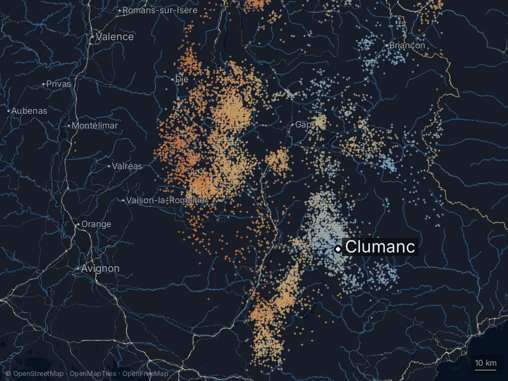 Karte der Blitze bei Clumanc am Mittwoch, 24. Juni 2026