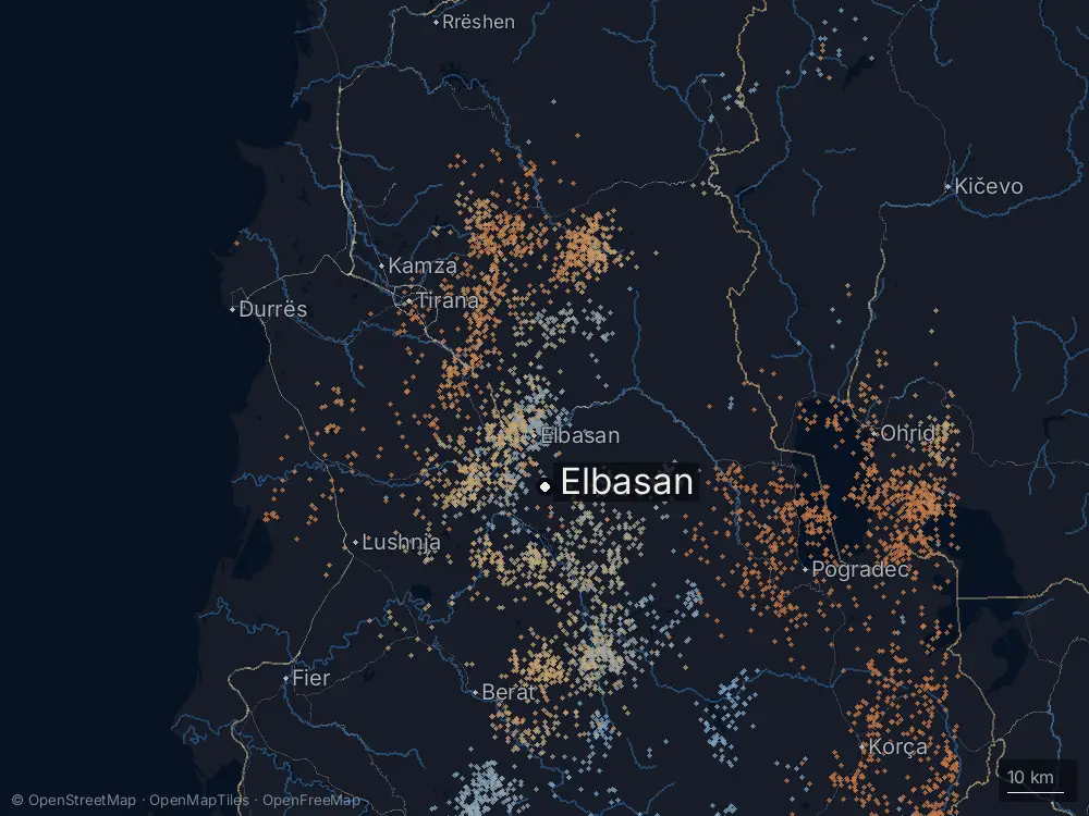 Karte der Blitze bei Elbasan am Mittwoch, 24. Juni 2026