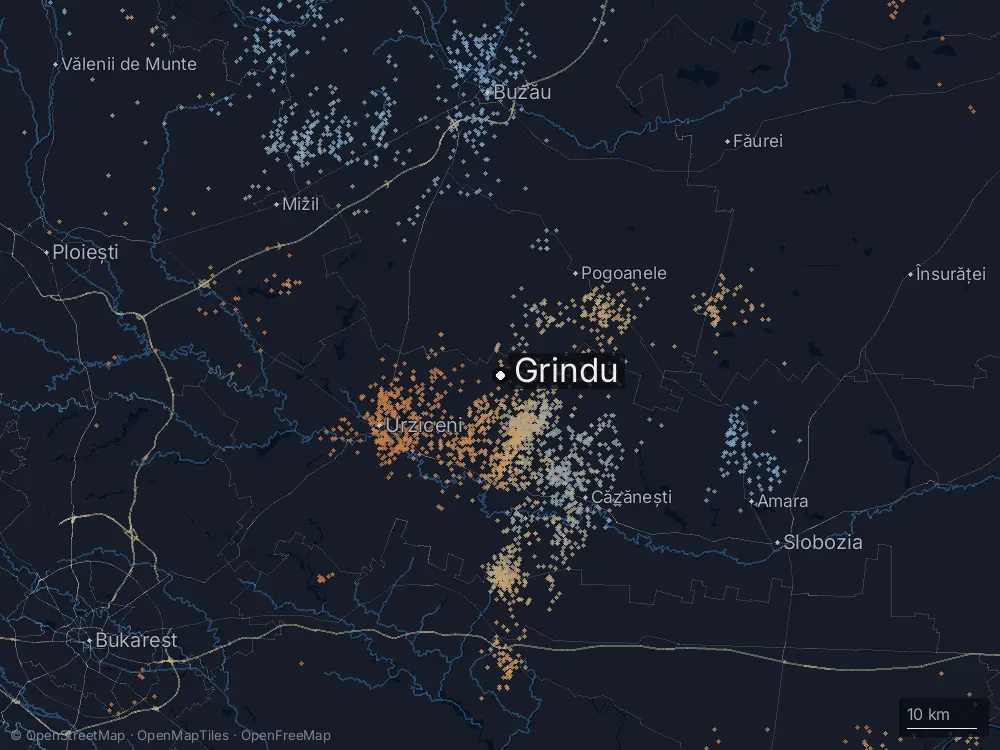 Karte der Blitze bei Grindu am Mittwoch, 24. Juni 2026