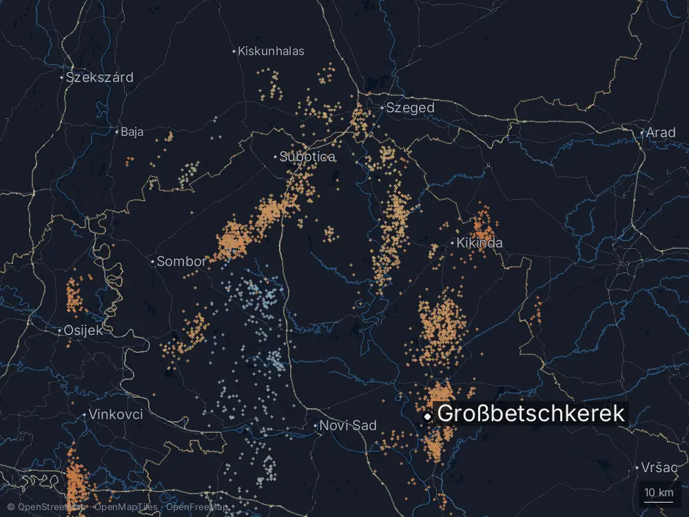 Karte der Blitze bei Großbetschkerek am Mittwoch, 24. Juni 2026