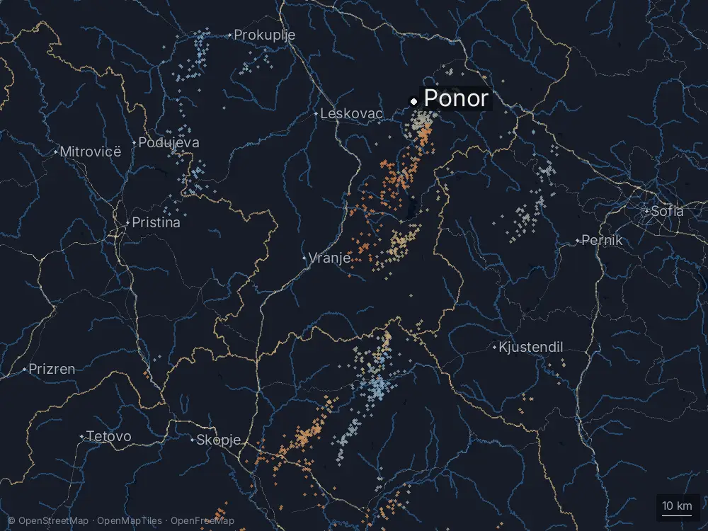 Karte der Blitze bei Ponor am Mittwoch, 24. Juni 2026