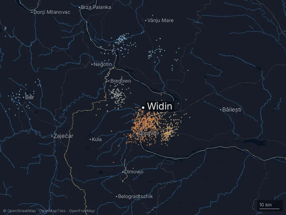 Karte der Blitze bei Widin am Mittwoch, 24. Juni 2026