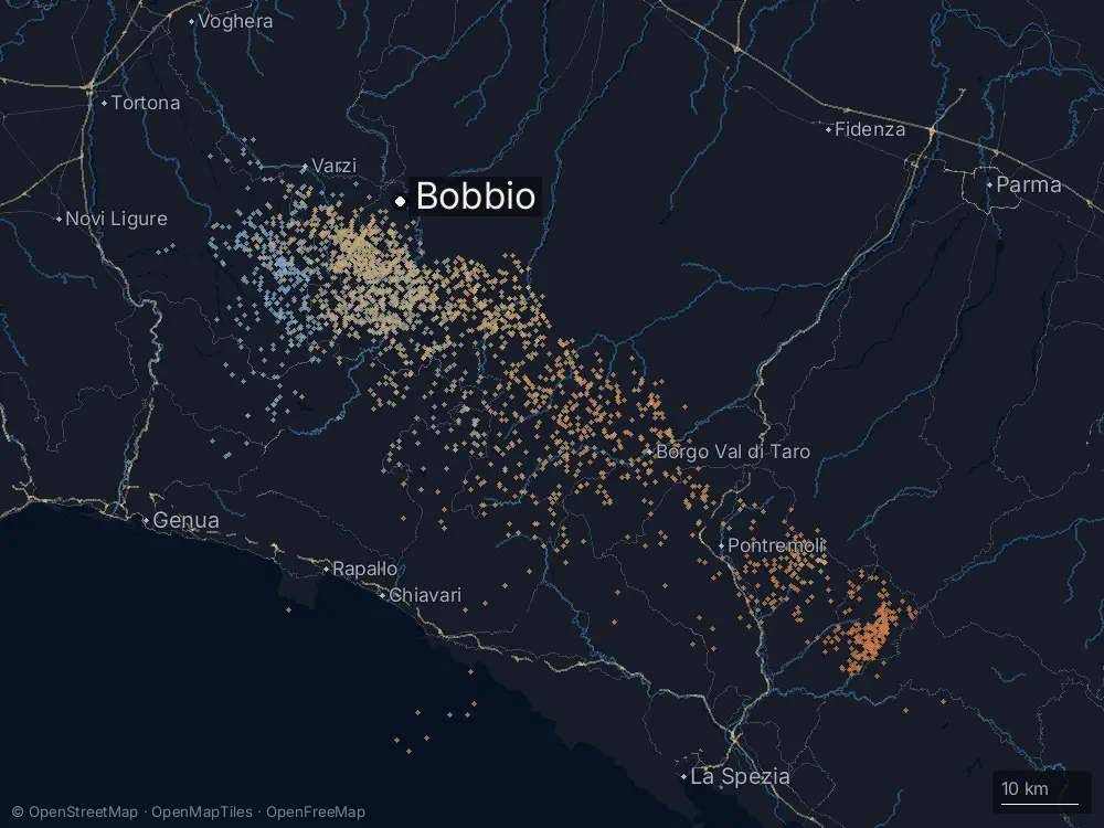 Karte der Blitze bei Bobbio am Donnerstag, 25. Juni 2026