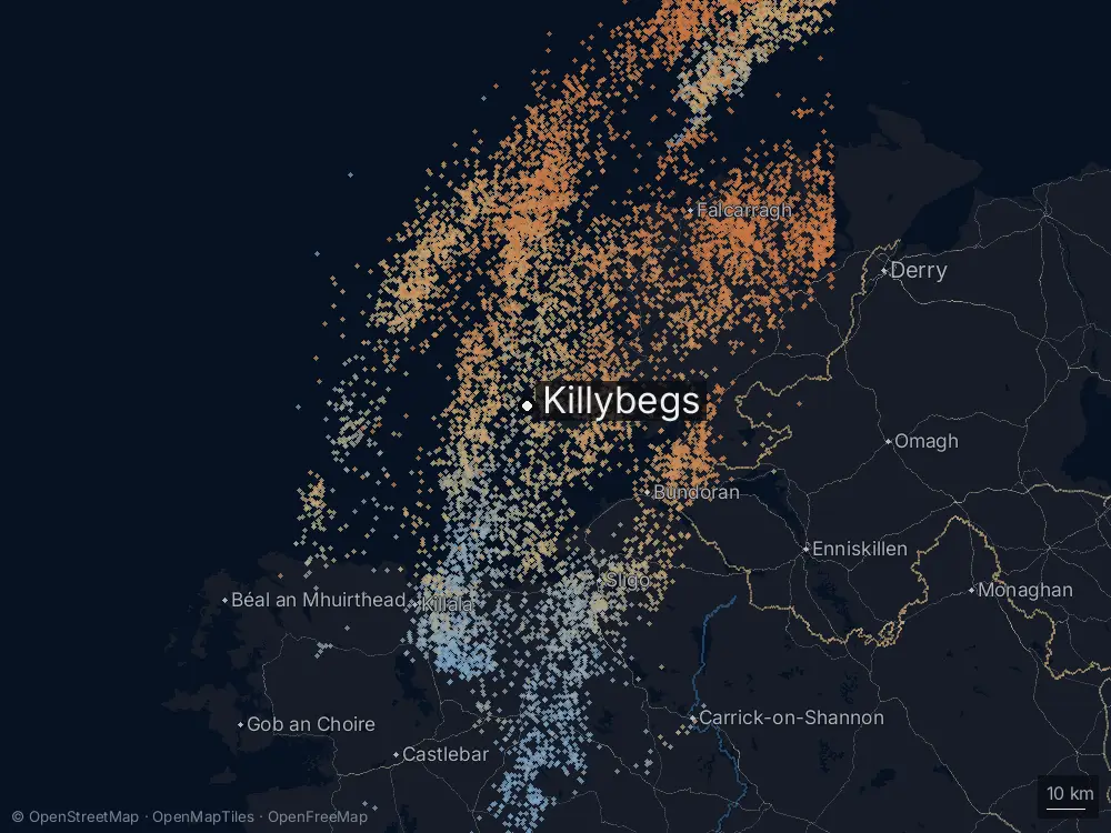 Karte der Blitze bei Killybegs am Donnerstag, 25. Juni 2026