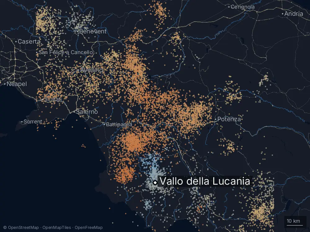 Karte der Blitze bei Vallo della Lucania am Donnerstag, 25. Juni 2026