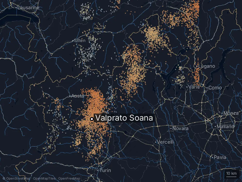 Karte der Blitze bei Valprato Soana am Donnerstag, 25. Juni 2026