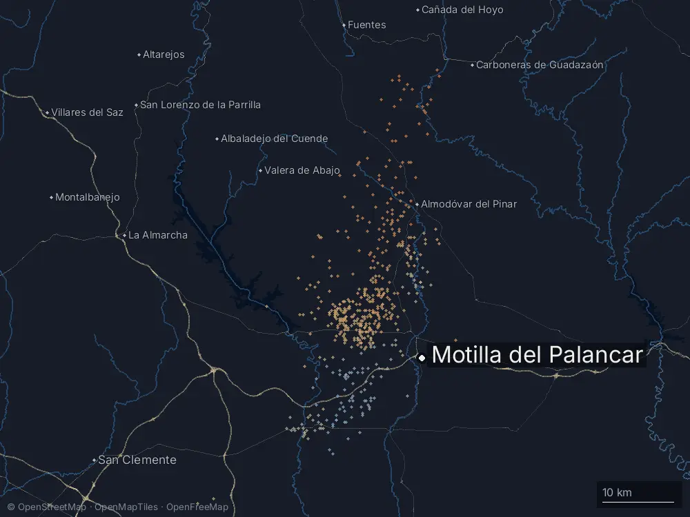 Karte der Blitze bei Motilla del Palancar am Samstag, 27. Juni 2026
