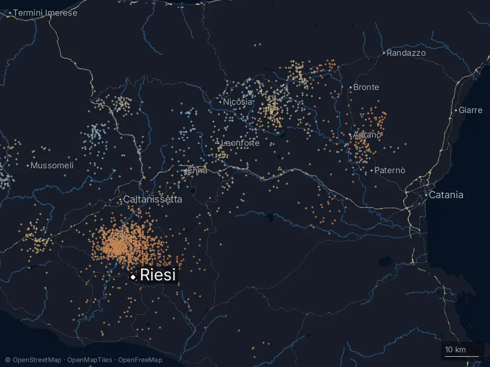 Karte der Blitze bei Riesi am Samstag, 27. Juni 2026