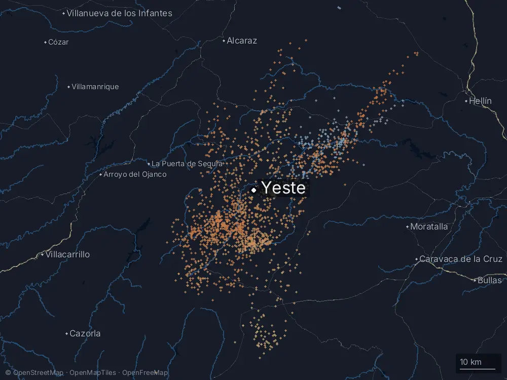 Karte der Blitze bei Yeste am Samstag, 27. Juni 2026