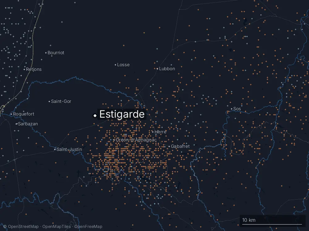 Karte der Blitze bei Estigarde am Sonntag, 28. Juni 2026