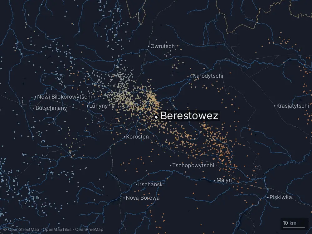 Karte der Blitze bei Berestowez am Montag, 29. Juni 2026