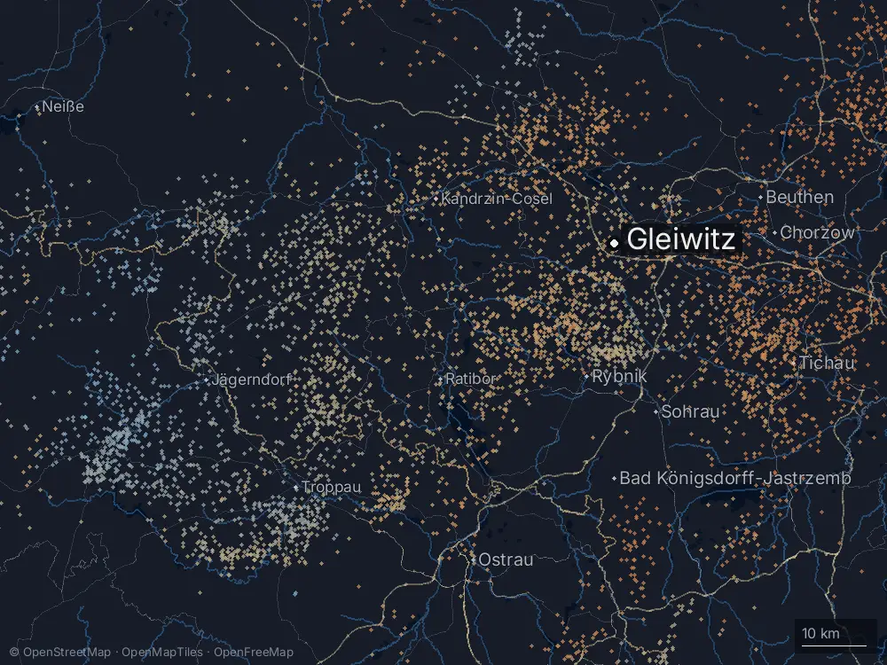 Karte der Blitze bei Gleiwitz am Montag, 29. Juni 2026