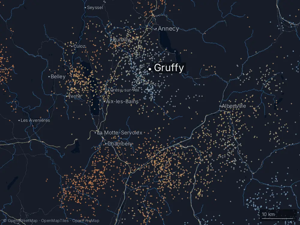 Karte der Blitze bei Gruffy am Montag, 29. Juni 2026