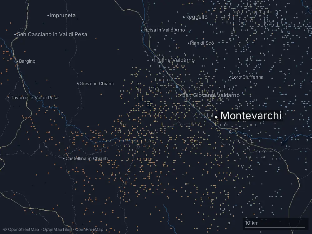 Karte der Blitze bei Montevarchi am Montag, 29. Juni 2026