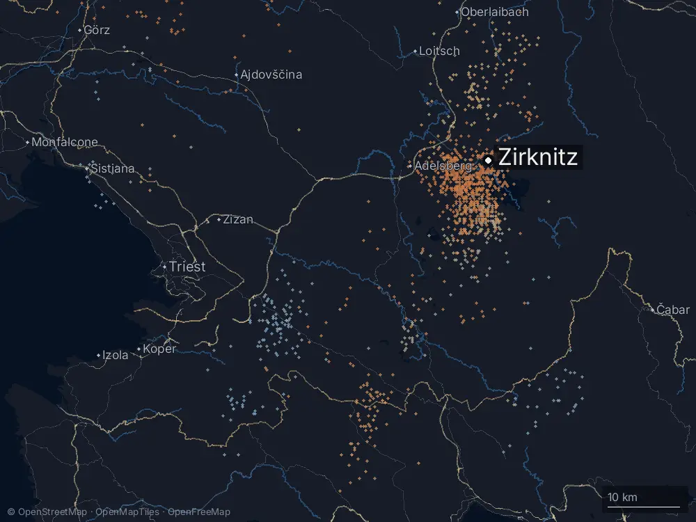Karte der Blitze bei Zirknitz am Montag, 29. Juni 2026