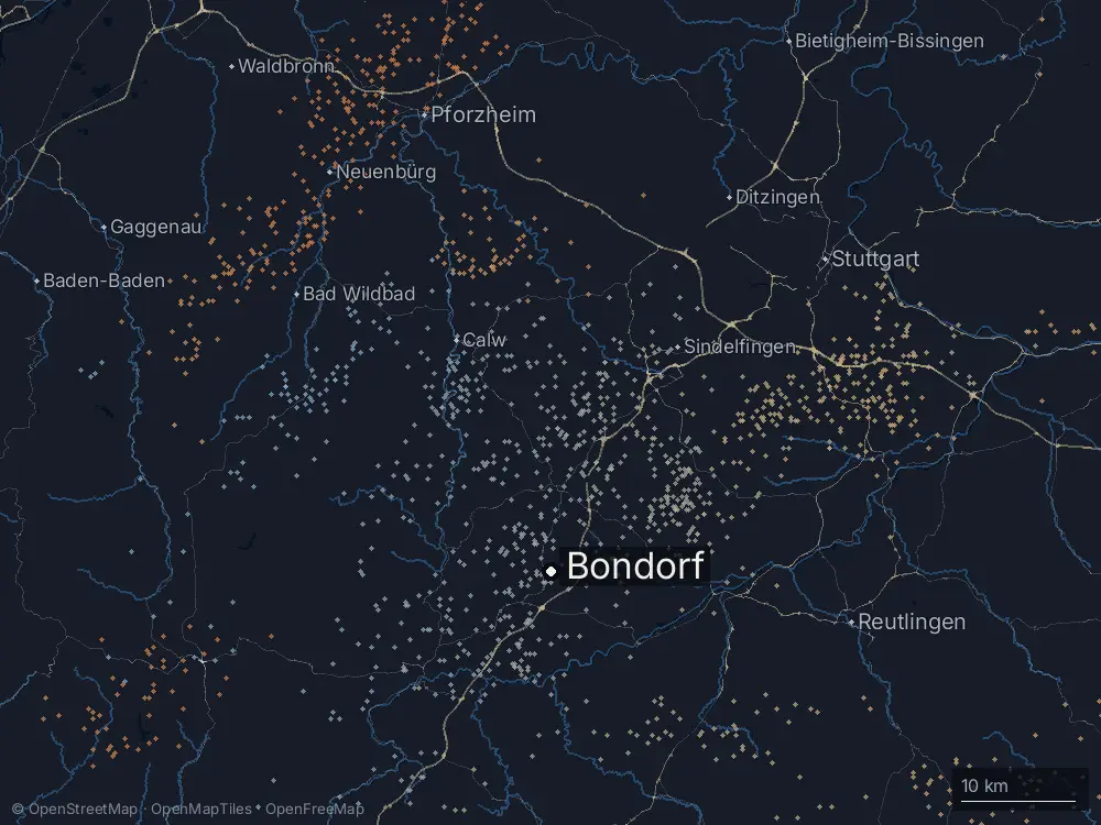 Karte der Blitze bei Bondorf am Dienstag, 30. Juni 2026