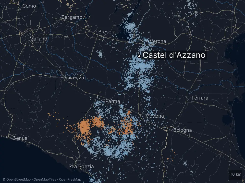 Karte der Blitze bei Castel d'Azzano am Dienstag, 30. Juni 2026