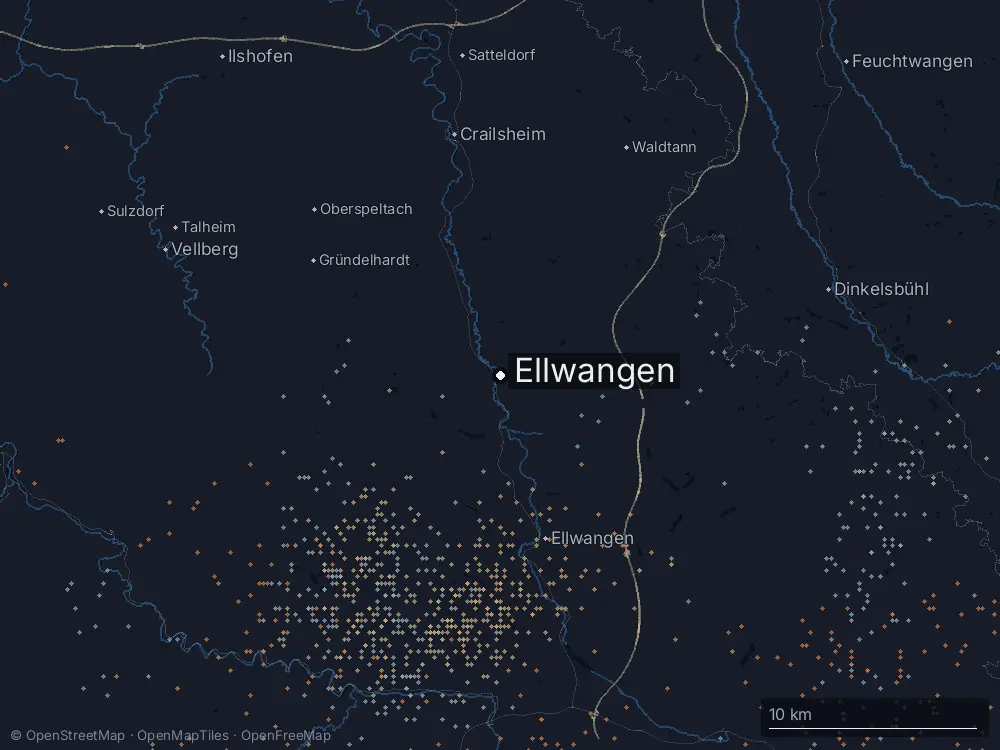 Karte der Blitze bei Ellwangen am Dienstag, 30. Juni 2026