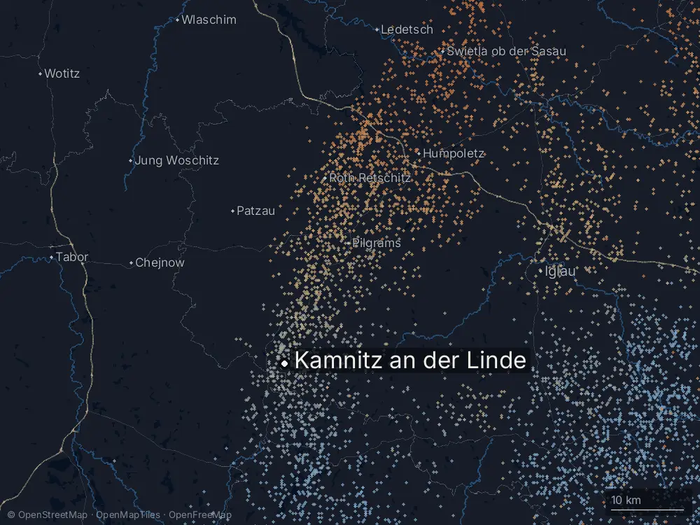 Karte der Blitze bei Kamnitz an der Linde am Dienstag, 30. Juni 2026