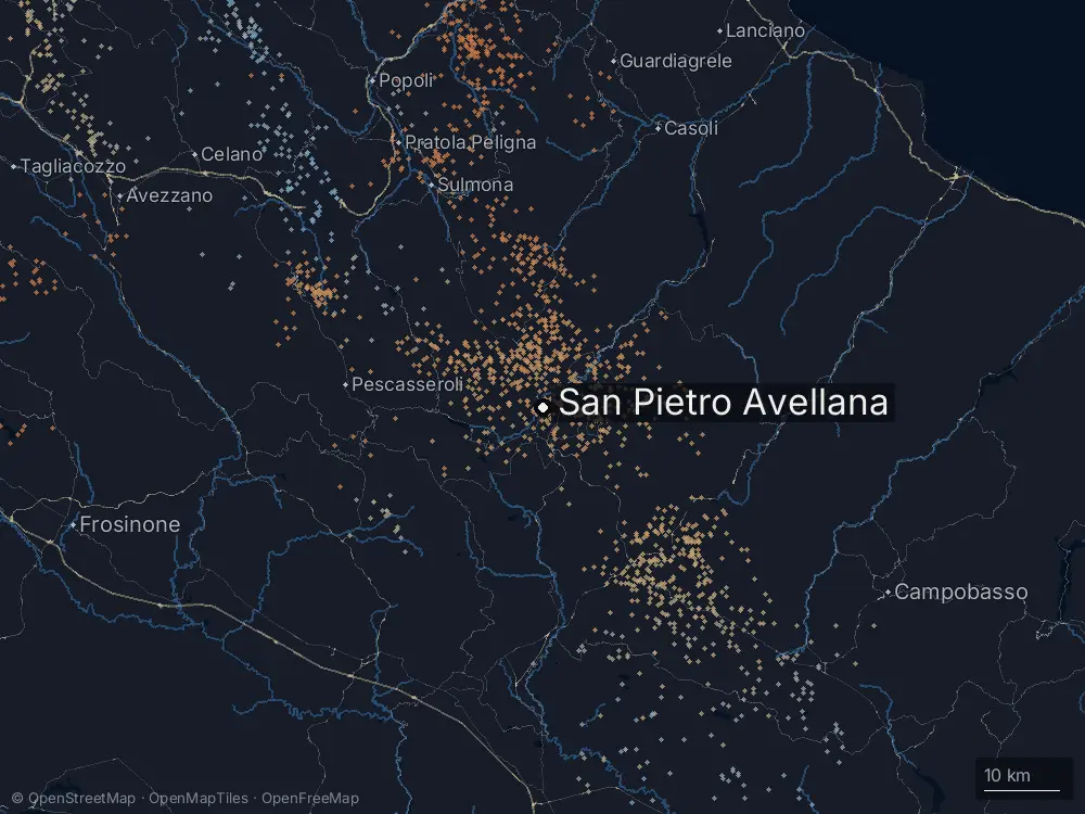 Karte der Blitze bei San Pietro Avellana am Dienstag, 30. Juni 2026