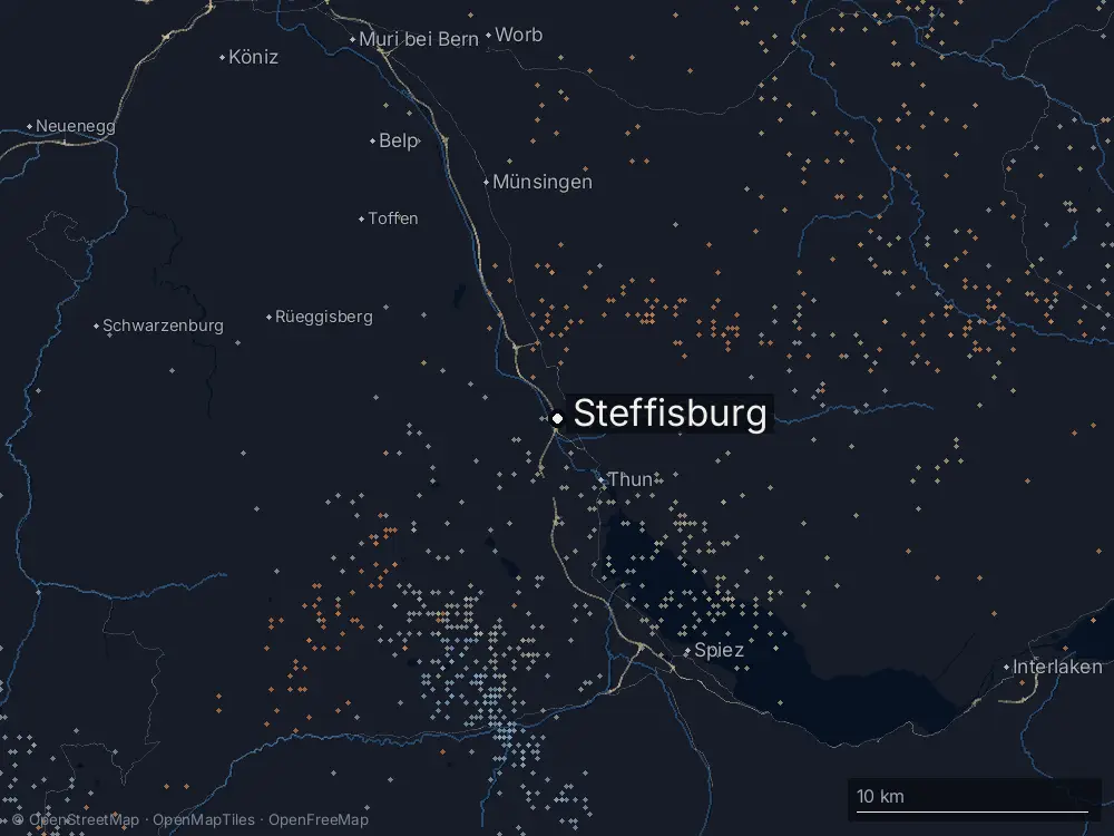 Karte der Blitze bei Steffisburg am Dienstag, 30. Juni 2026