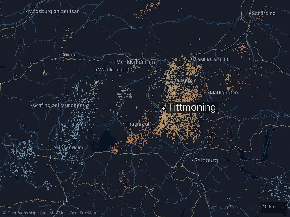 Karte der Blitze bei Tittmoning am Dienstag, 30. Juni 2026