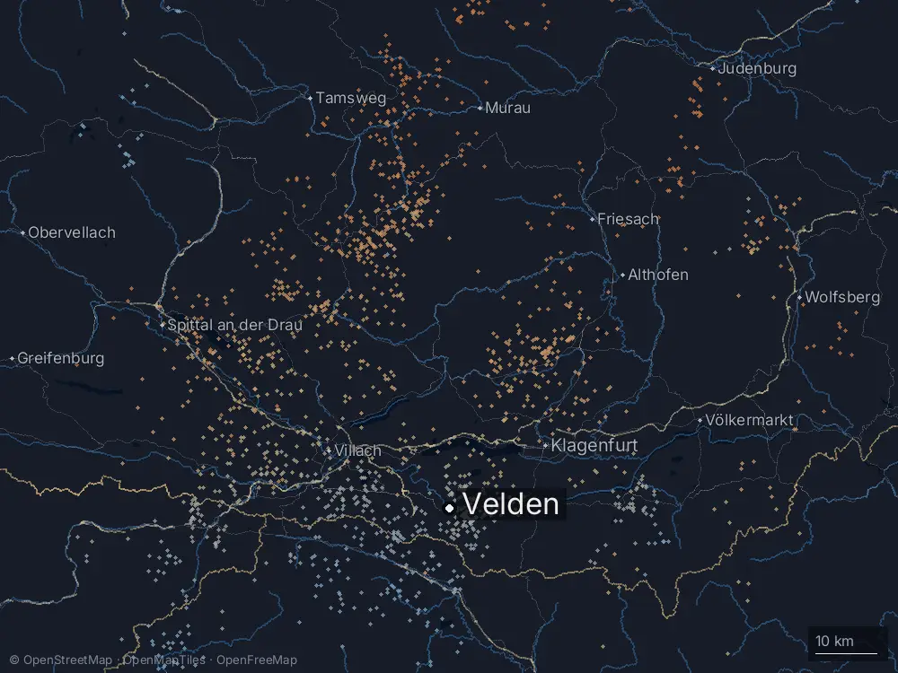 Karte der Blitze bei Velden am Dienstag, 30. Juni 2026