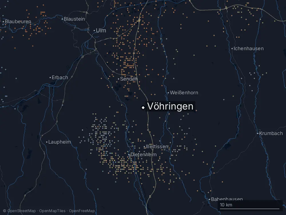 Karte der Blitze bei Vöhringen am Dienstag, 30. Juni 2026