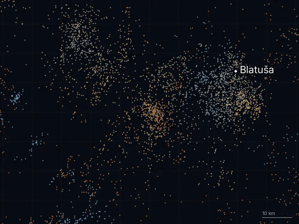 Karte der Blitze bei Blatuša am Mittwoch, 1. Juli 2026
