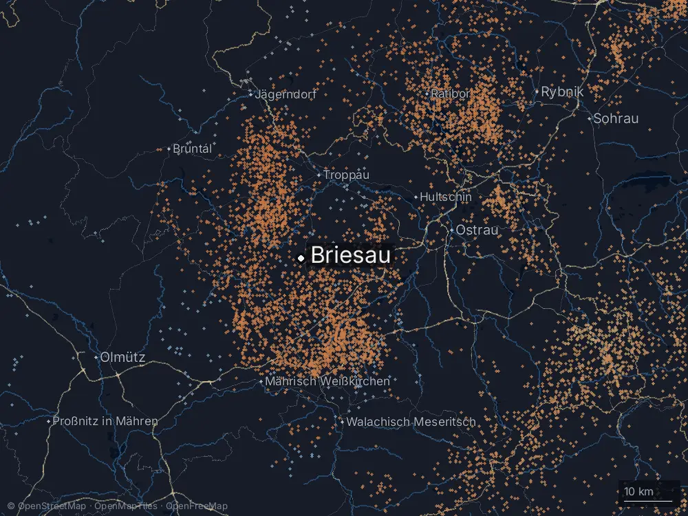 Karte der Blitze bei Briesau am Mittwoch, 1. Juli 2026
