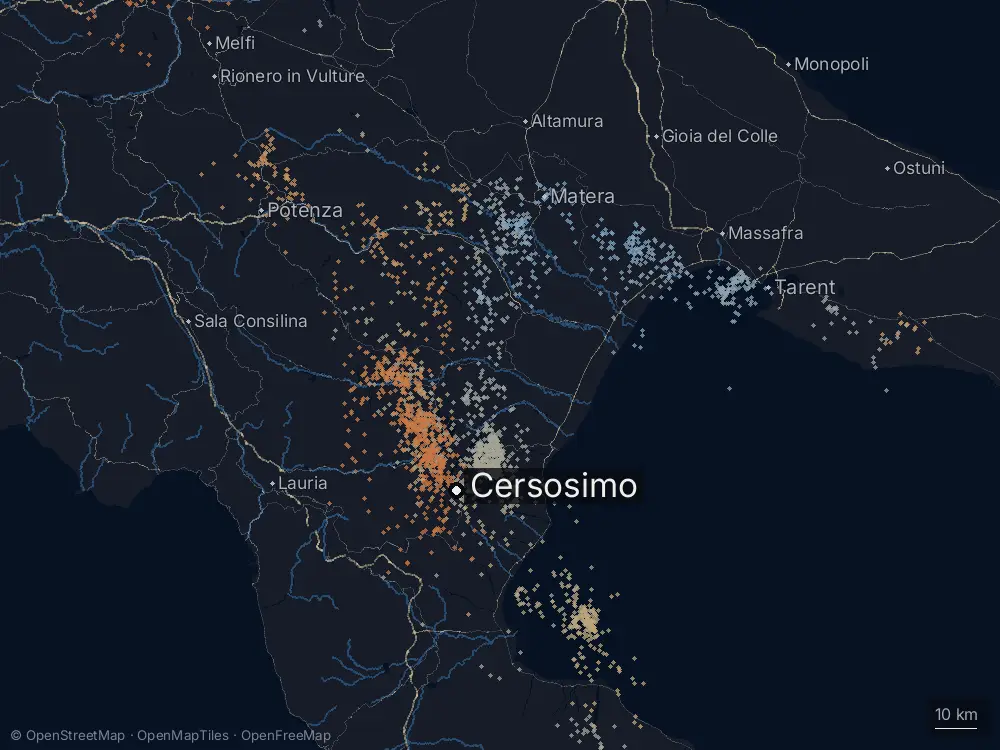 Karte der Blitze bei Cersosimo am Mittwoch, 1. Juli 2026