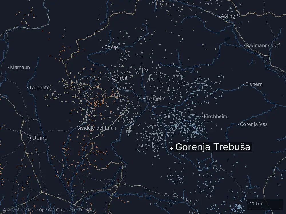 Karte der Blitze bei Gorenja Trebuša am Mittwoch, 1. Juli 2026