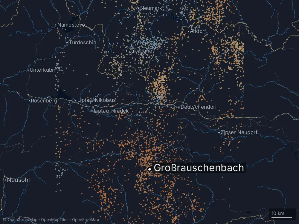 Karte der Blitze bei Großrauschenbach am Mittwoch, 1. Juli 2026