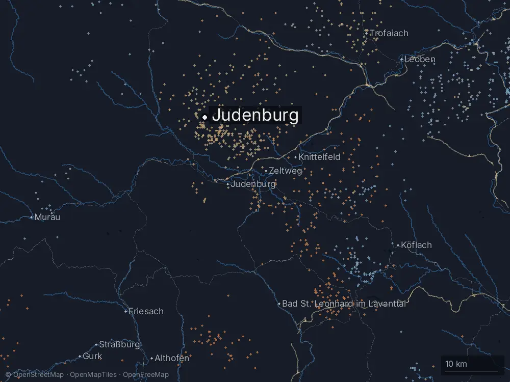 Karte der Blitze bei Judenburg am Mittwoch, 1. Juli 2026