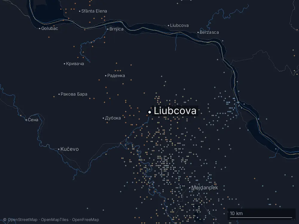 Karte der Blitze bei Liubcova am Mittwoch, 1. Juli 2026
