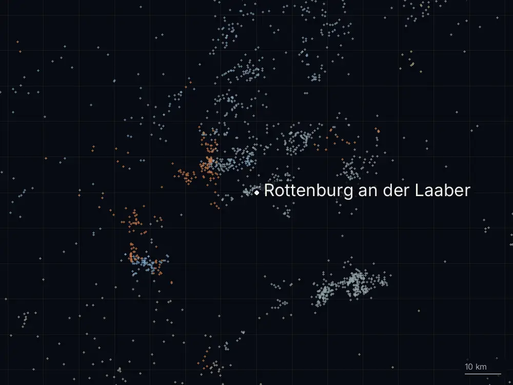 Karte der Blitze bei Rottenburg an der Laaber am Mittwoch, 1. Juli 2026