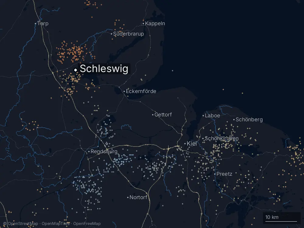 Karte der Blitze bei Schleswig am Mittwoch, 1. Juli 2026