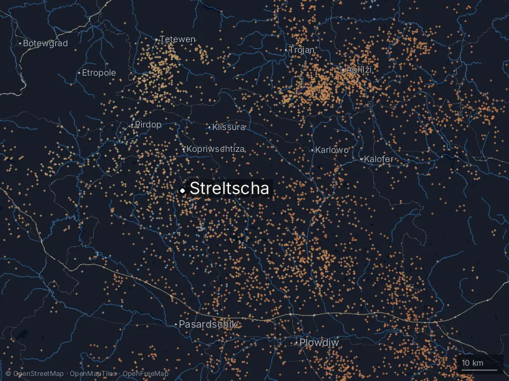 Karte der Blitze bei Streltscha am Mittwoch, 1. Juli 2026