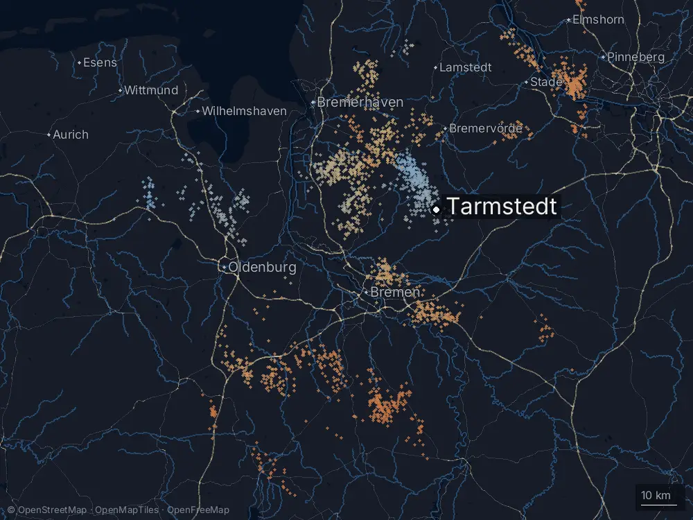Karte der Blitze bei Tarmstedt am Mittwoch, 1. Juli 2026