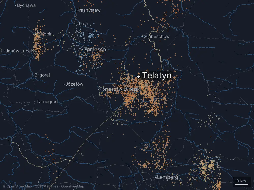 Karte der Blitze bei Telatyn am Mittwoch, 1. Juli 2026