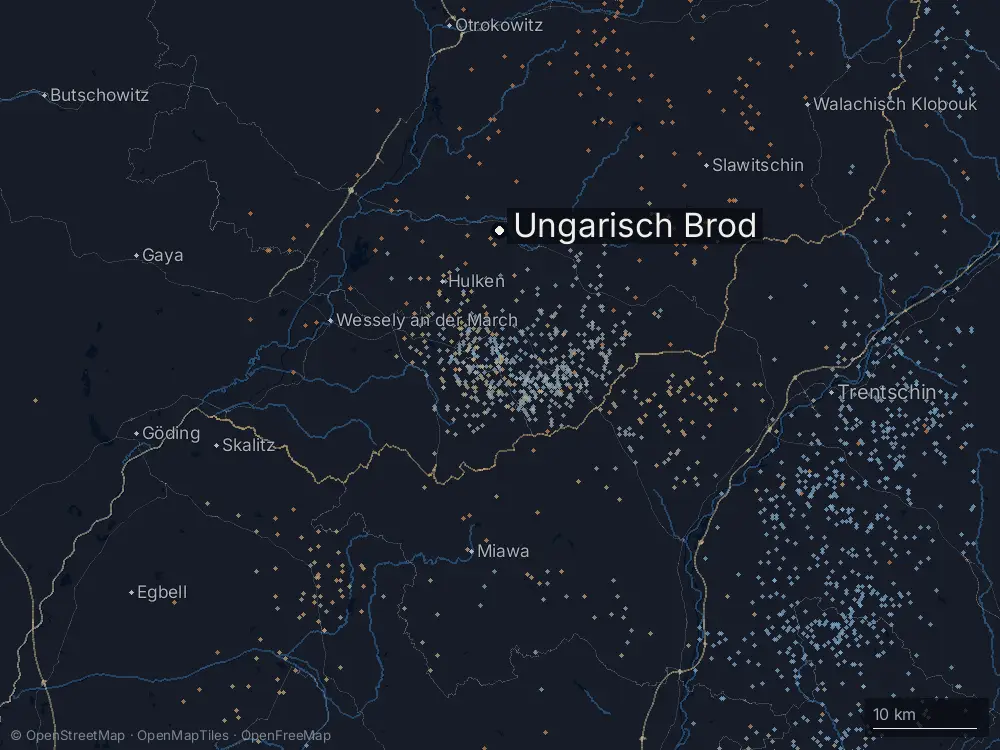 Karte der Blitze bei Ungarisch Brod am Mittwoch, 1. Juli 2026