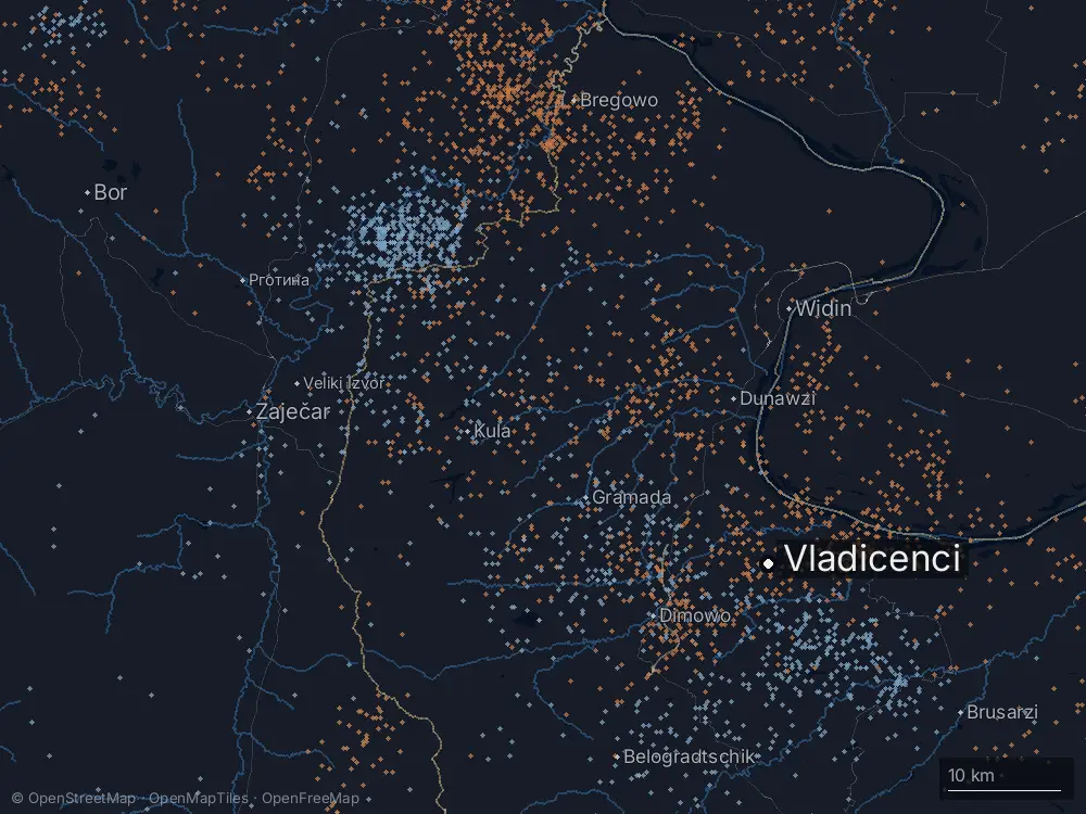 Karte der Blitze bei Vladicenci am Mittwoch, 1. Juli 2026