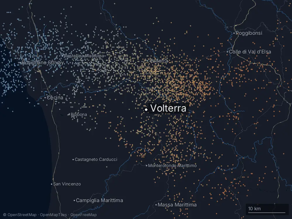 Karte der Blitze bei Volterra am Mittwoch, 1. Juli 2026