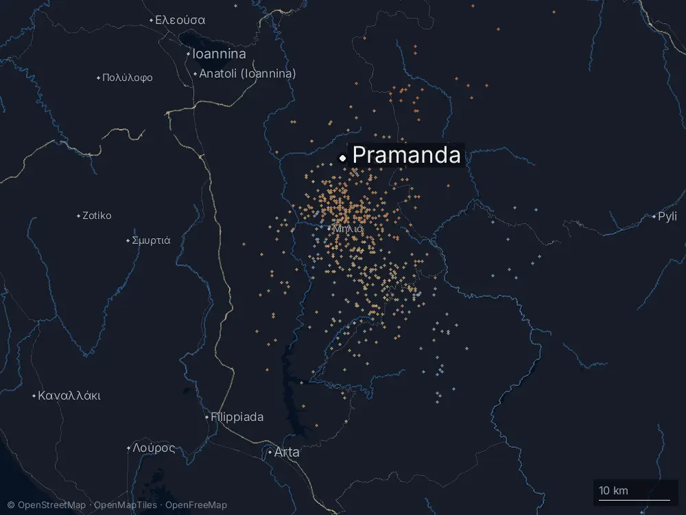 Karte der Blitze bei Pramanda am Donnerstag, 2. Juli 2026