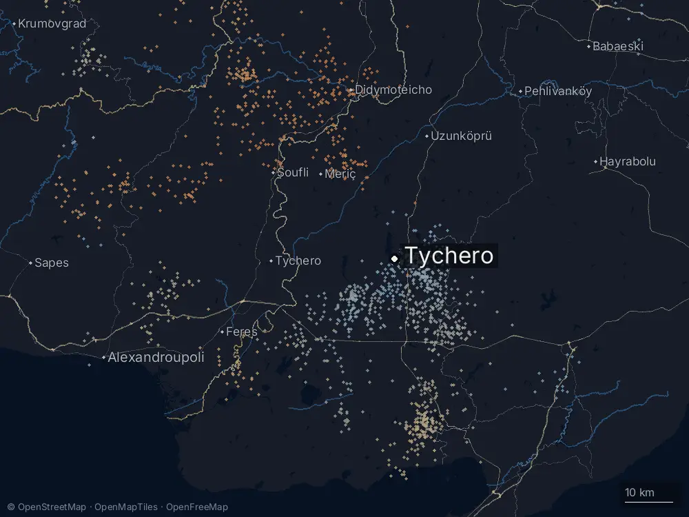 Karte der Blitze bei Tychero am Donnerstag, 2. Juli 2026